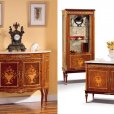 Creaciones Fejomi, classic chest of drawers with marquetry, marquetry classic console with marble, hand carved classic mirror, wooden marquetry side table